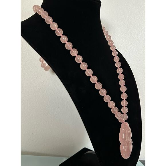 Handmade Rose Quartz Knotted 32 inch Necklace, 2 inch Rose Centerpiece - Picture 2 of 8